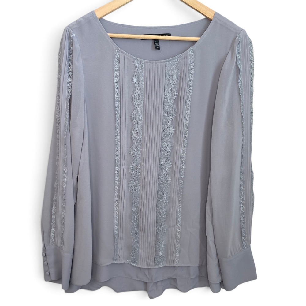 White House Black Market Blouse Womens 12 Gray Lace Inset Pintuck Pleated Top